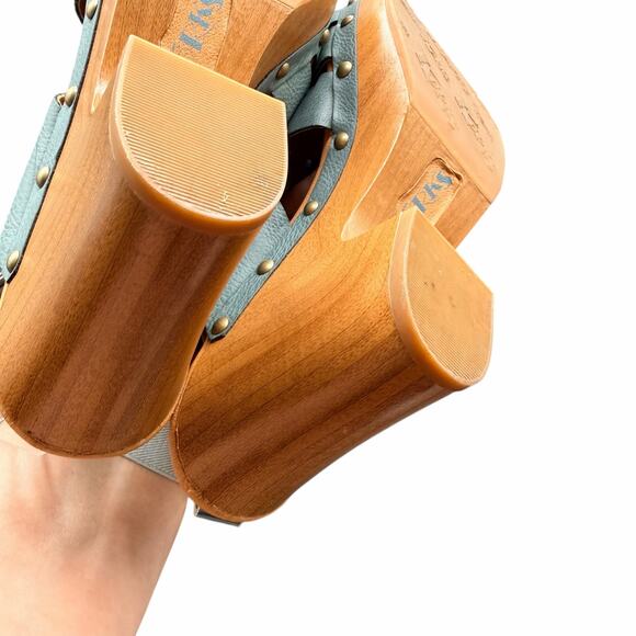 Kork-Ease Teal Leather Slingback Clog Heels Wood Sole Size 9M - Picture 6 of 12